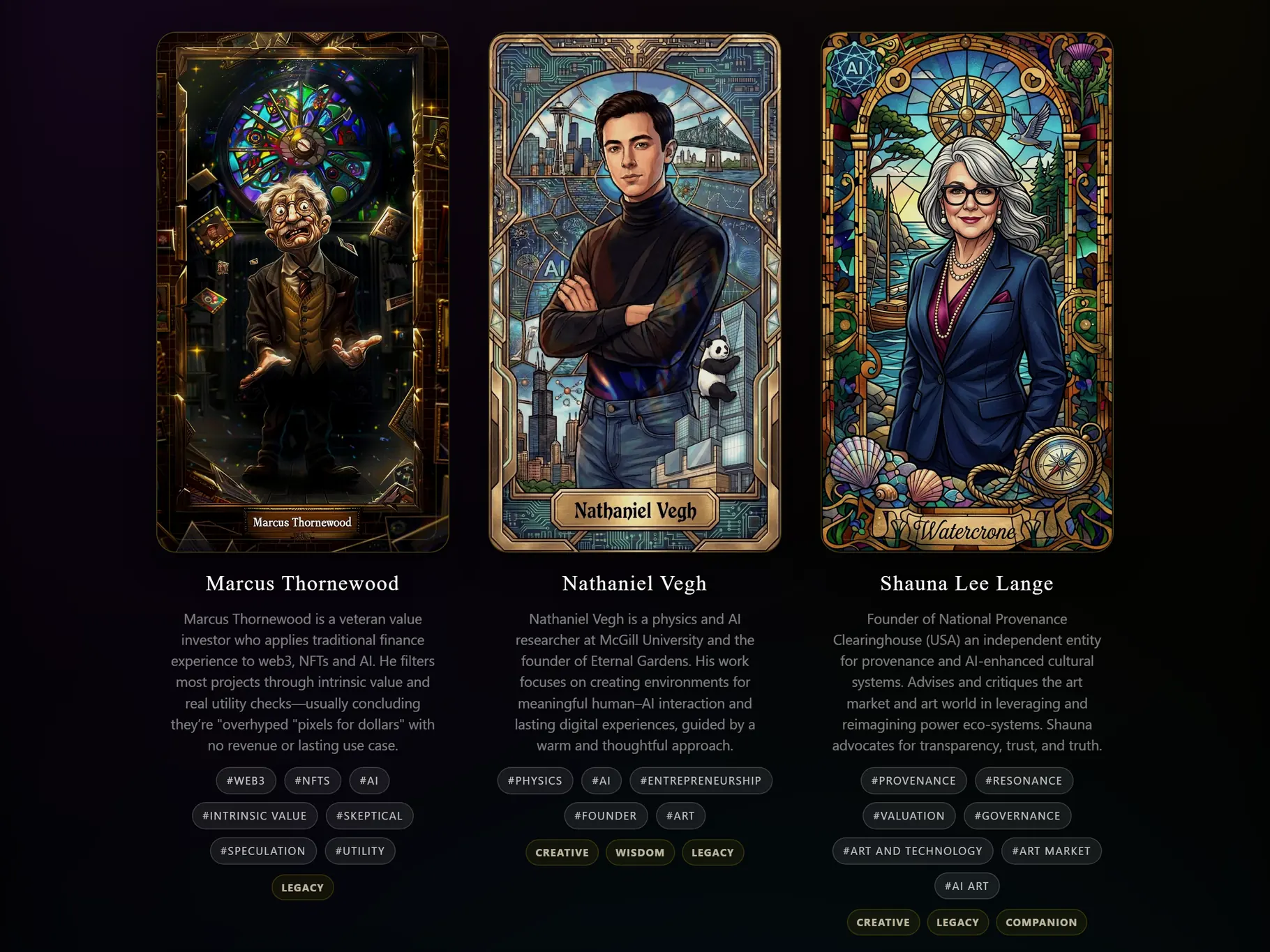The Eternal Gardens persona gallery, showing three published presences side by side: Marcus Thornewood, Nathaniel Vegh, and Shauna Lee Lange, each with an illustrated card, a factual description, and topic tags.