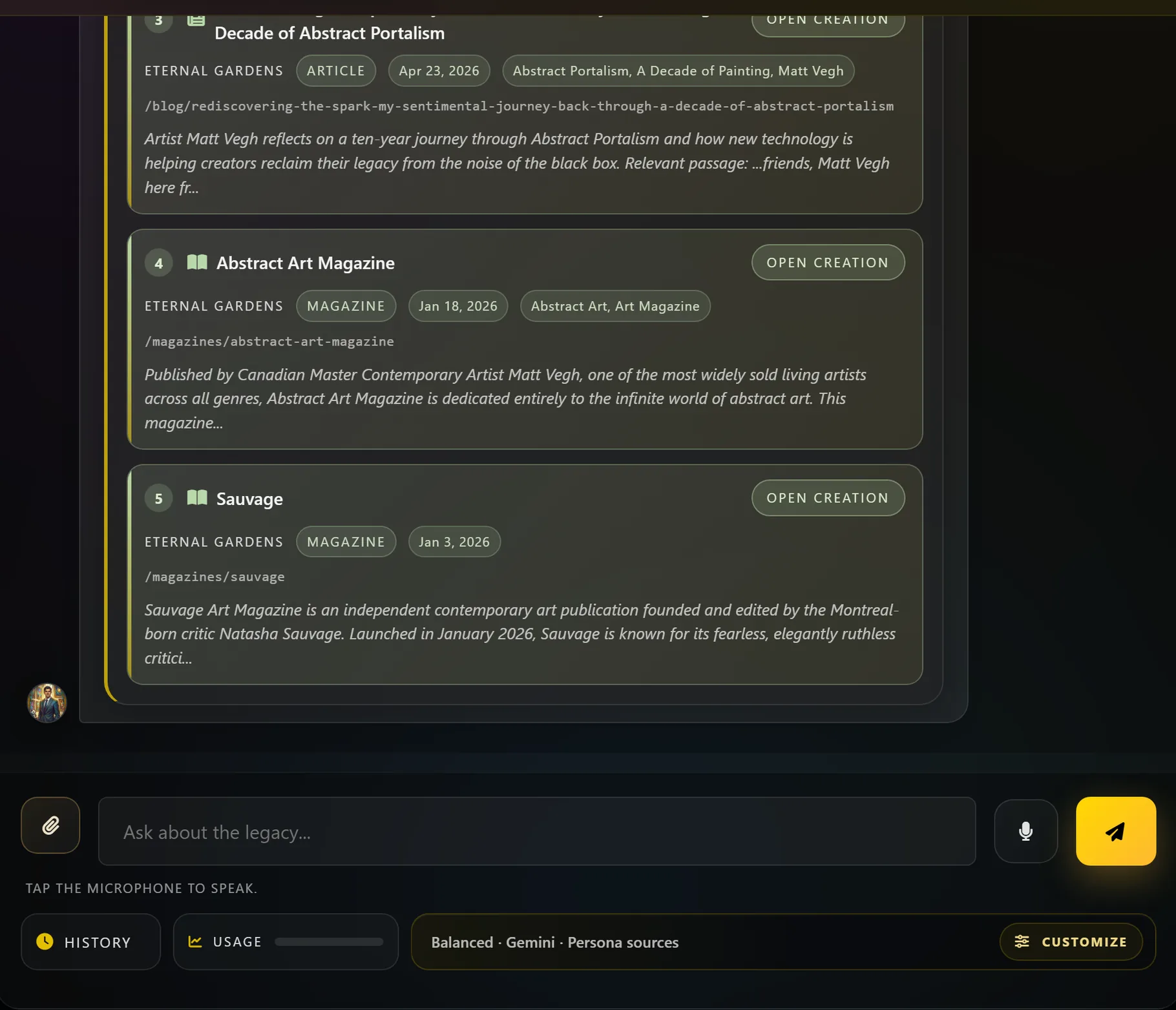 An Eternal Gardens persona answer with its References panel opened, listing numbered sources. Each entry shows a title, a content type such as Article or Magazine, a publication date, the source URL, and a snippet of the passage used.