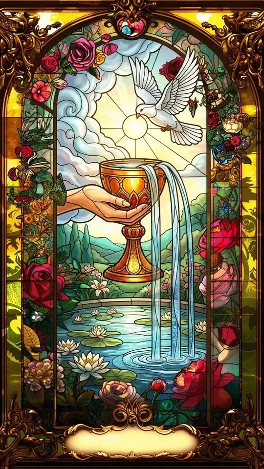 A hand emerges from a cloud holding a cup that overflows in five streams into a pond of water lilies. A dove descends toward the cup carrying a small wafer.
