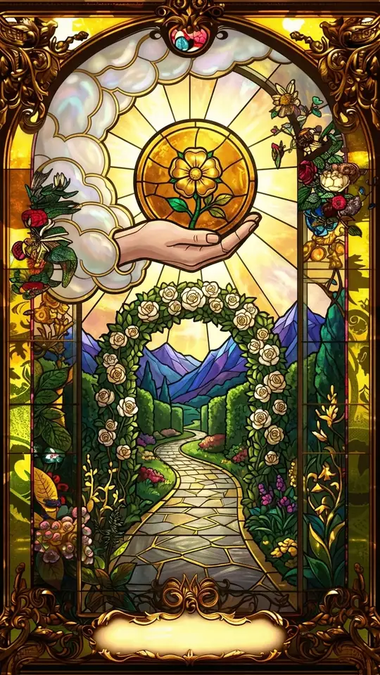 A hand emerges from a cloud holding a large golden pentacle above a flourishing garden. A path leads through an arch in a flowering hedge toward distant mountains, and white lilies grow in the foreground.
