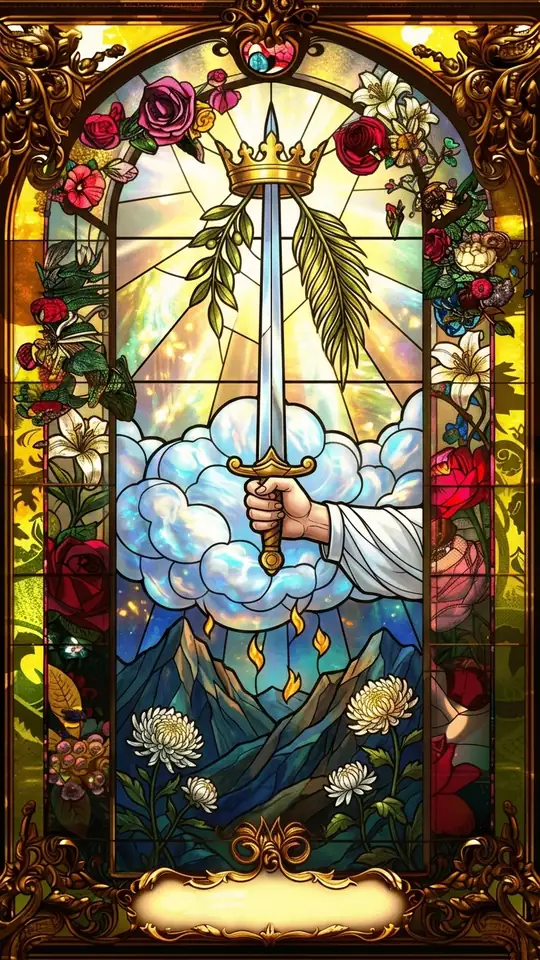 A hand emerges from a cloud gripping an upright sword crowned at its tip. An olive branch and a palm frond hang from the crown, and small golden flames fall over rugged mountains below.