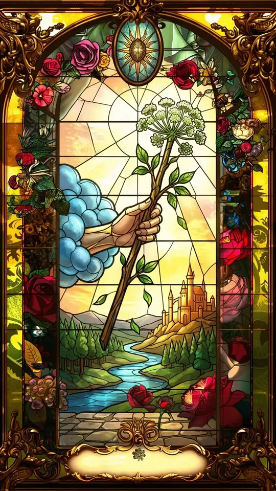 A hand emerges from a cloud holding a living wand that sprouts fresh leaves, some drifting down through the air. Below lies a green valley with a river, trees and a distant castle on a hill.