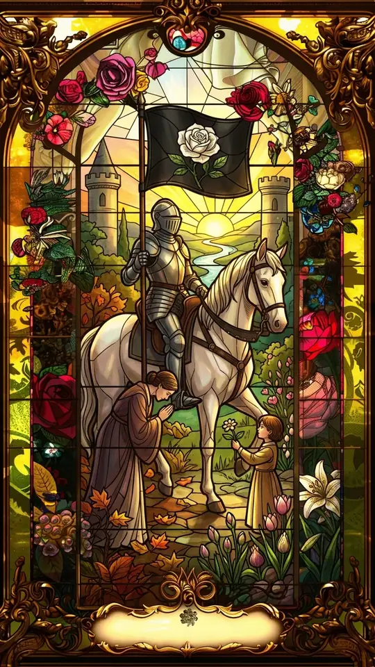 An armoured skeleton rides a white horse, carrying a black banner marked with a white rose. Figures of different stations react before it, from a fallen king to a kneeling child. In the distance, a sun rises between two towers over a river.