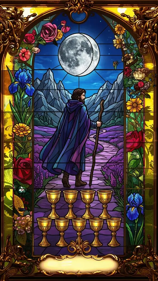 A cloaked figure with a staff walks away from eight stacked cups toward rocky mountains. A moon, both full and crescent, watches from the night sky.