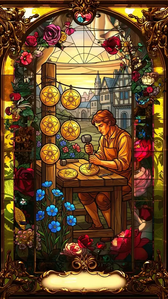 A craftsman sits at a bench carving a pentacle, with several finished pieces hung on a post beside him. A town is visible in the distance.