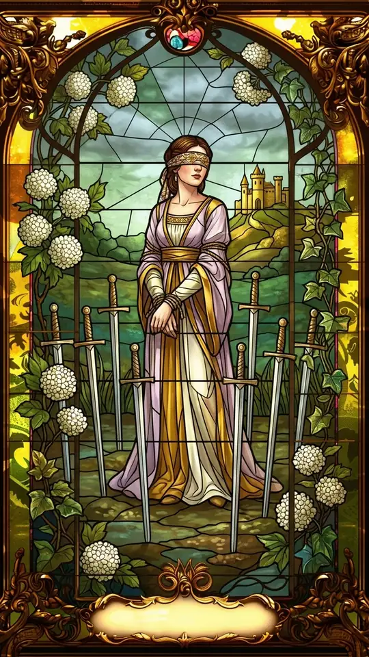 A woman stands bound and blindfolded, surrounded by eight swords planted in marshy ground. A castle stands on a distant hill.