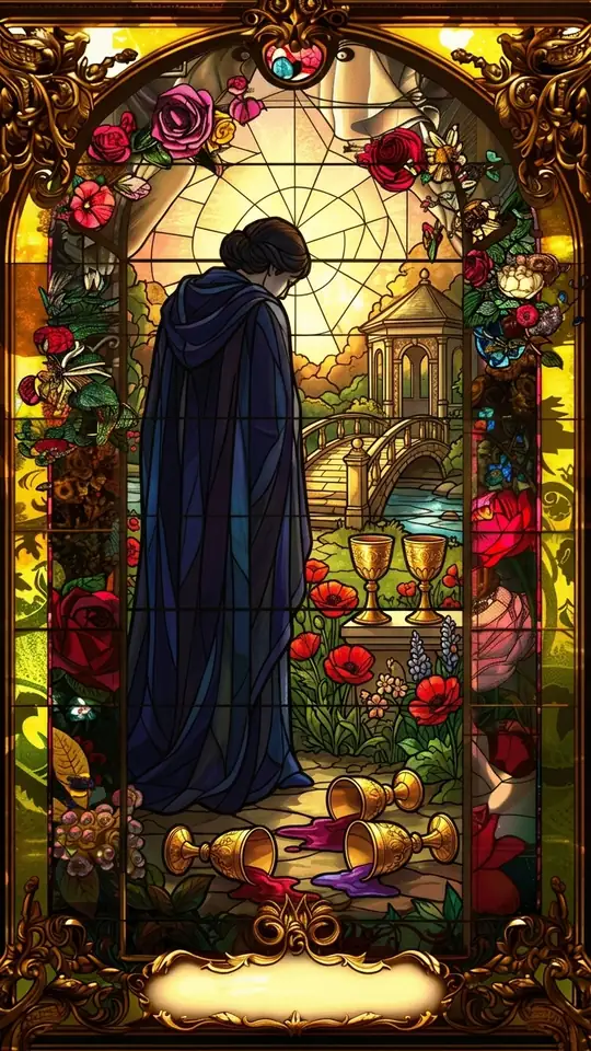 A figure in a dark cloak stands with head bowed over three spilled cups. Two cups remain standing behind, and a bridge crosses a river toward a house.