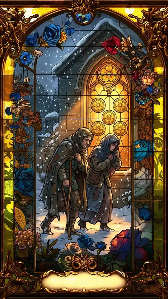 Two figures, one on crutches, trudge through falling snow past a lit stained-glass window that shows five pentacles.