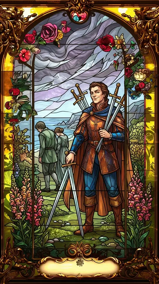 A man with a satisfied expression gathers swords, while two defeated figures walk away toward the shore. Clouds tear across a restless sky.