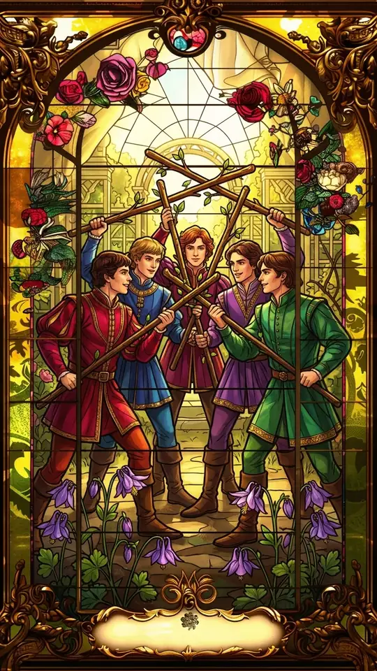 Five young men brandish wands at one another in a crowded tangle. No one appears hurt; the scene reads as a mock battle, a game or a clash of wills.