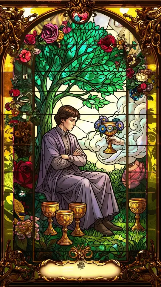 A young man sits beneath a tree with arms crossed, gazing at three cups on the grass. A hand from a cloud offers him a fourth cup, which he seems not to notice.