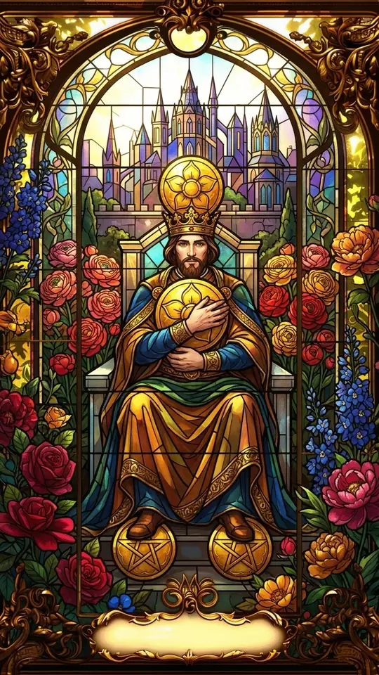 A crowned figure sits clutching a pentacle to his chest, with another balanced on his crown and two beneath his feet. A city stands behind him.