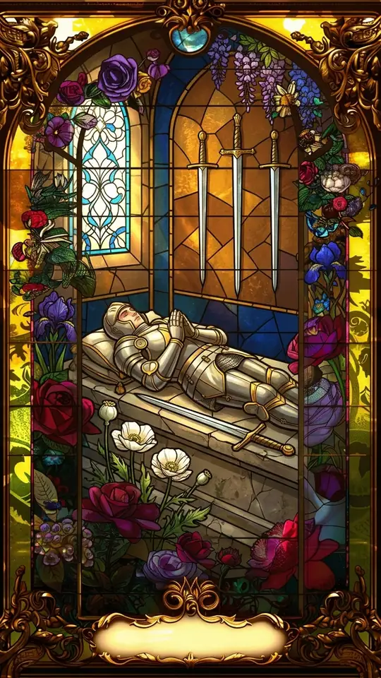 A knight lies at rest on a stone bier inside a quiet chapel, hands joined as if in prayer. Three swords hang on the wall above and one lies along the bier, while a stained-glass window glows in the corner.