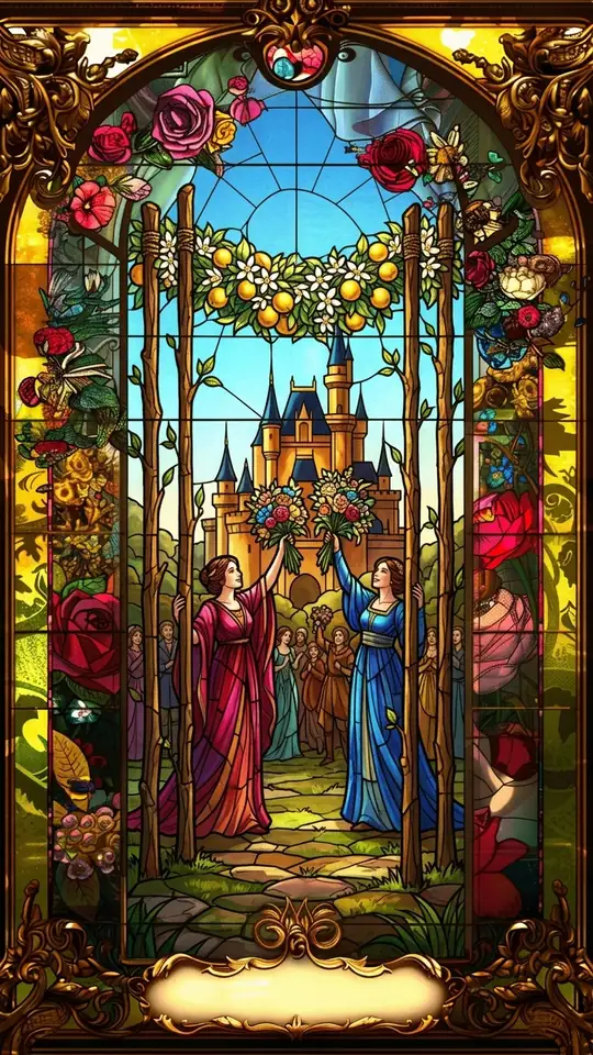 Four wands stand upright, bound at the top by a garland of flowers and fruit. Two figures raise bouquets in celebration before a castle, with others gathered behind them.