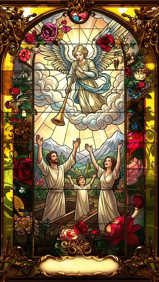 A winged herald of light sounds a long golden trumpet from the clouds while people in pale robes rise joyfully from open flower beds, arms raised toward the light, with snow-capped mountains behind.