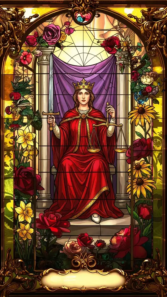 A crowned figure in a red robe sits between two pillars, holding upright scales in one hand and a raised double-edged sword in the other. A purple veil hangs behind, and one white shoe peeks from beneath the robe.