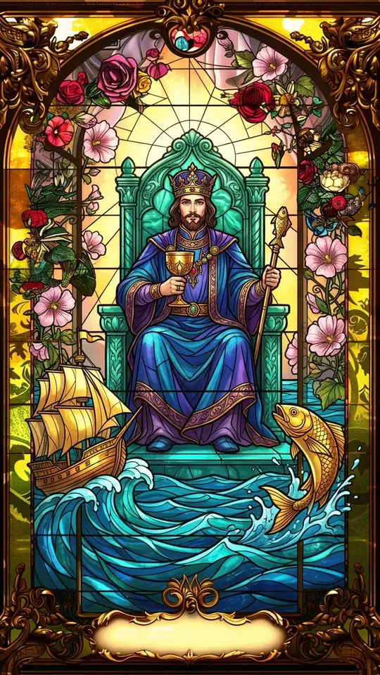 A king sits on a throne floating on a restless sea, holding a cup and a sceptre. A fish leaps on one side and a ship sails on the other.