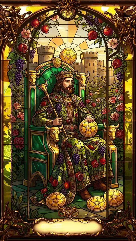 A king sits on a throne carved with bull heads, his robe covered in grapevines. He holds a pentacle and a sceptre, with a castle behind.
