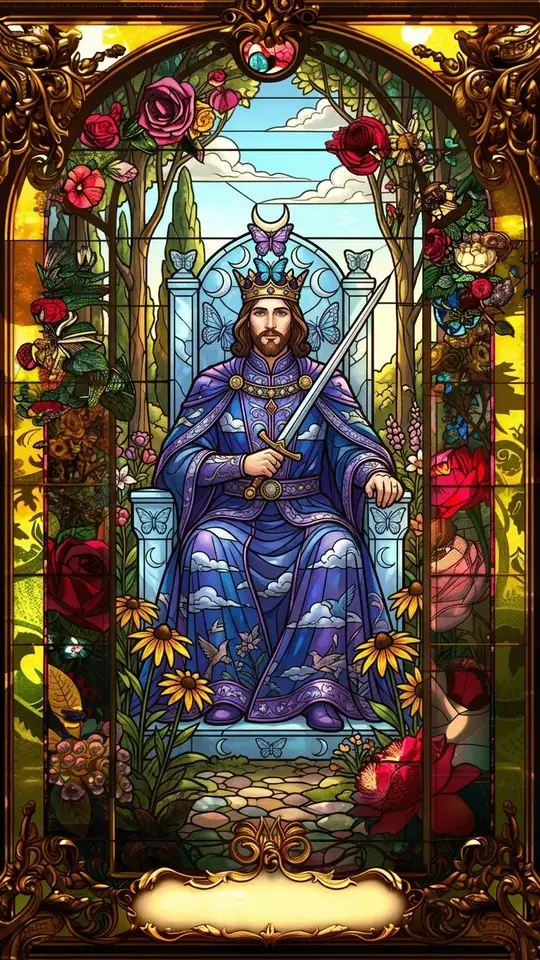 A king sits facing forward on a throne carved with butterflies and crescent moons, holding a sword slightly tilted. Tall trees and a clear sky stand behind.