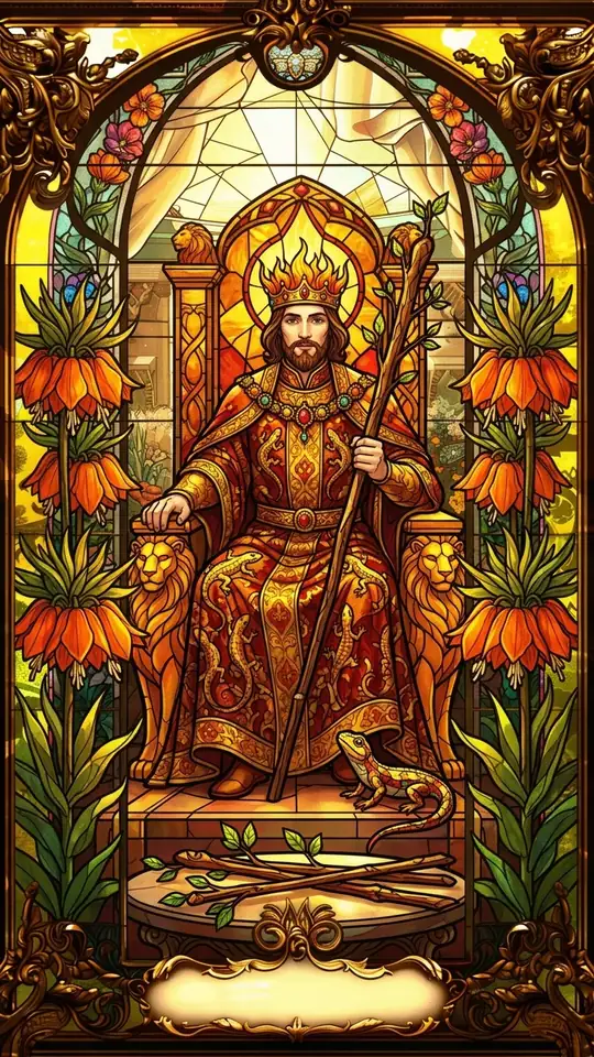 A king sits on a throne decorated with lions and salamanders, holding a sprouting wand. A small salamander rests at his feet and his robe carries the same motif.