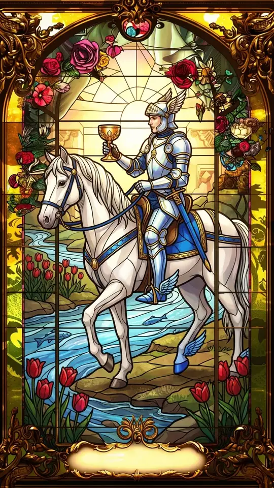 A knight rides a calm horse at a steady walk, holding a cup forward as if offering it. His helmet and heels bear wings, and a river flows nearby.