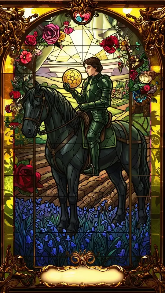 A knight sits still on a heavy black horse in a ploughed field, holding a pentacle and looking at it steadily.