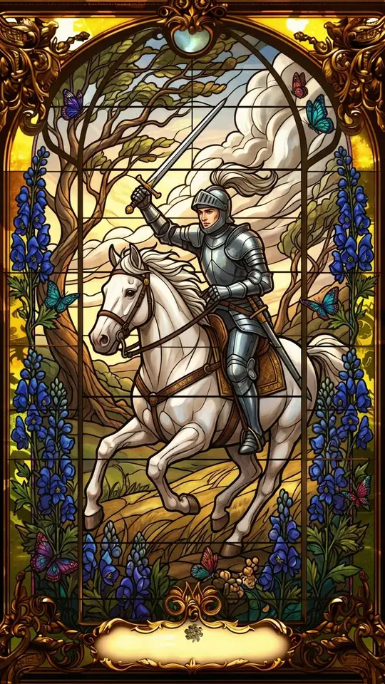 A knight charges at full speed on a white horse, sword raised high. Clouds and trees bend in a strong wind.