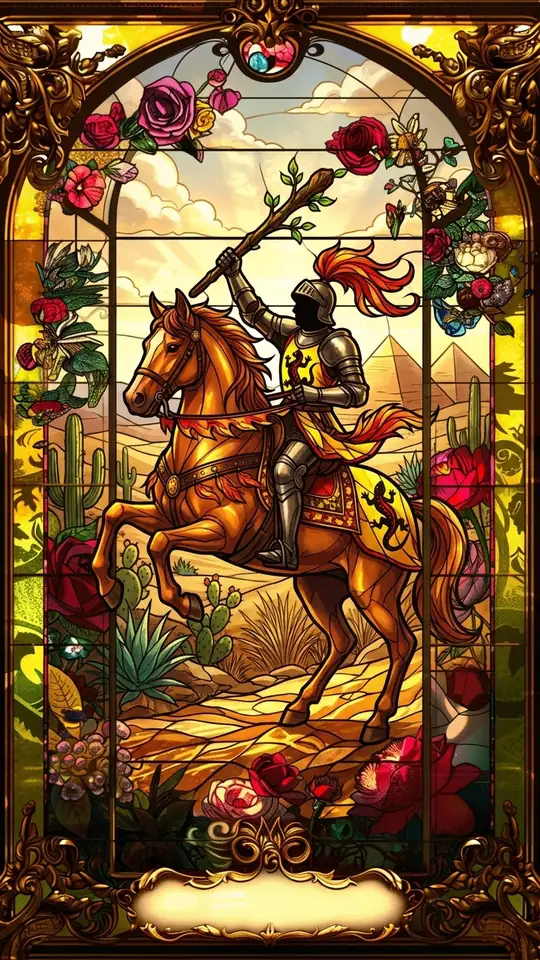 A knight in armour and a salamander-covered tunic rides a rearing horse across a desert, holding a wand aloft. Pyramids stand in the background.