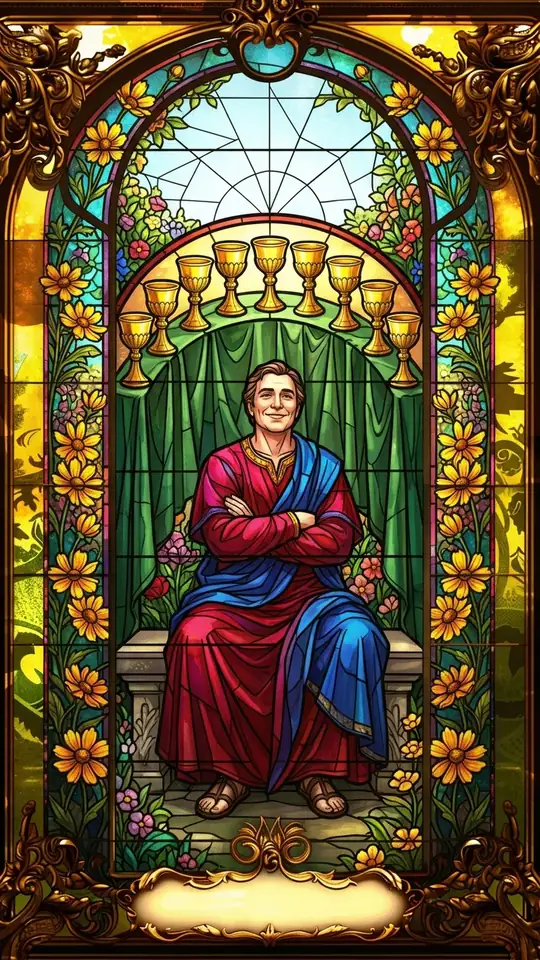 A contented man sits on a bench with arms folded, smiling. Behind him nine cups are arranged in an arc on a draped table.