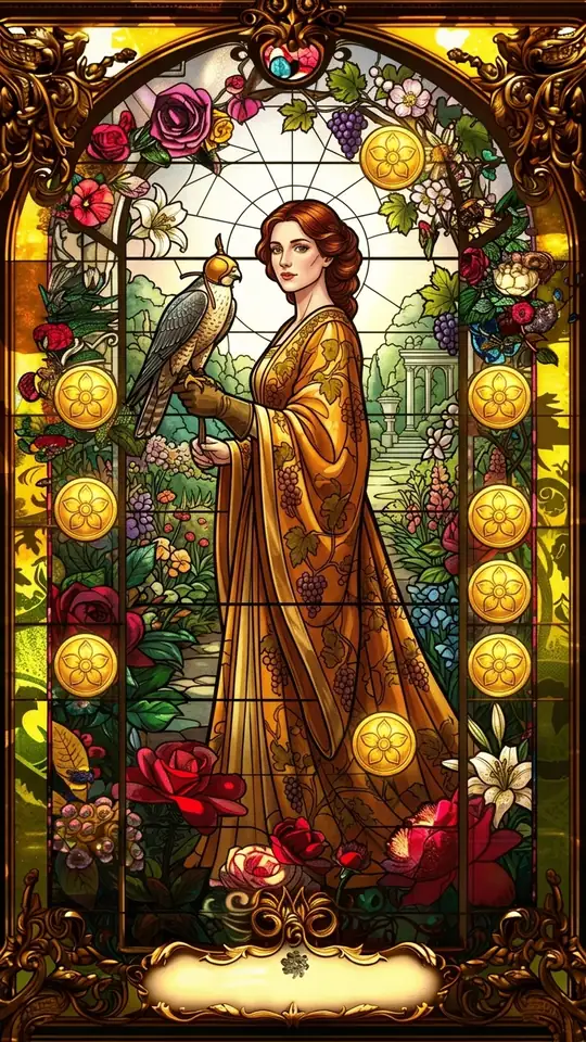 An elegant woman stands in a lush garden of grapevines with a hooded falcon on her gloved hand. Nine pentacles grow among the vines, and a small snail crosses the path.