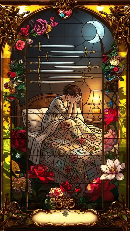 A person sits up in bed with their face in their hands, while nine swords hang across the dark wall behind. The quilt is patterned with roses and astrological symbols.