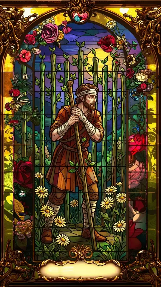 A bandaged figure leans on a wand and looks warily over his shoulder, with eight more wands standing like a fence behind him. He is weary but still upright.