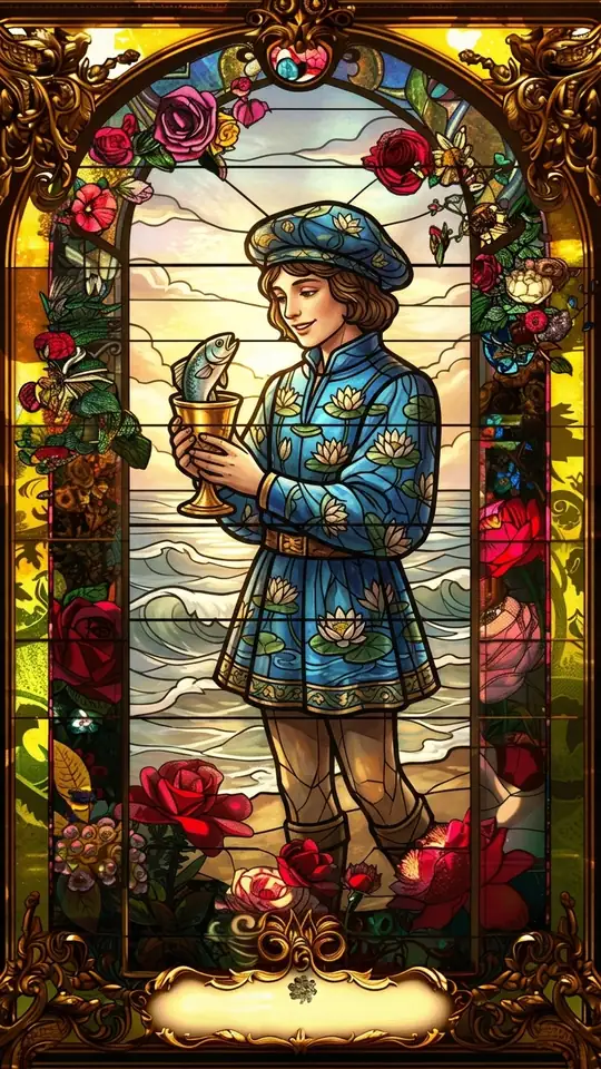 A young page in a flowered tunic stands by the sea, holding a cup from which a small fish peers out. The page regards it with gentle surprise.