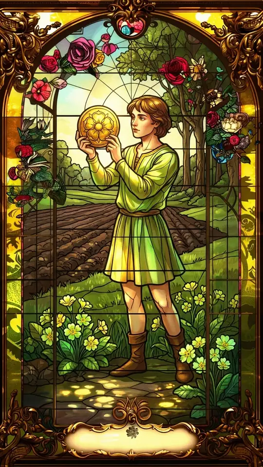A young page stands in a green field holding a pentacle up before him, studying it intently. A ploughed field and trees stretch behind.