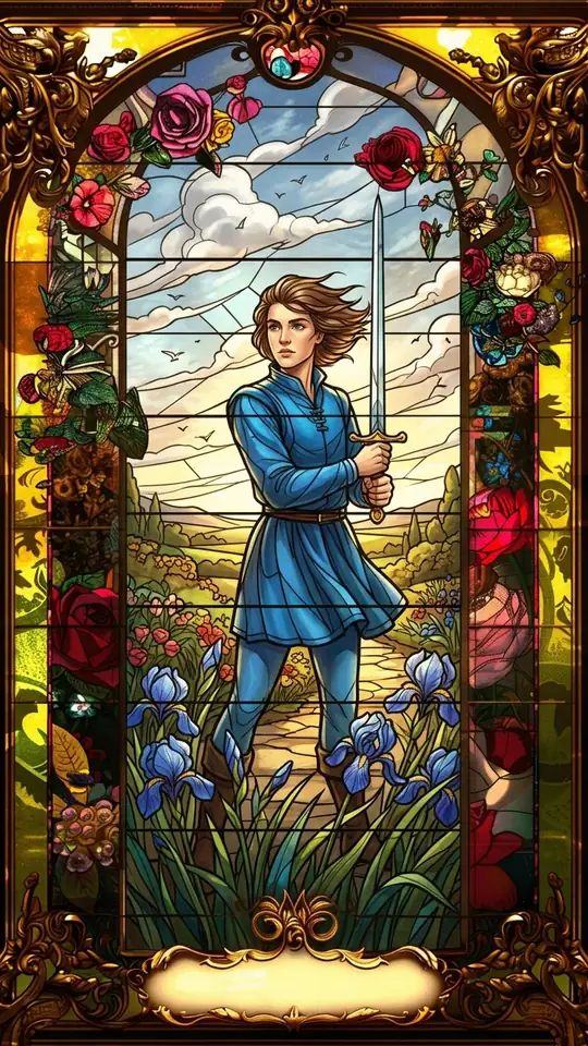 A young page stands on rugged ground holding a sword upright, looking alert. Wind-blown clouds and birds fill the sky behind.