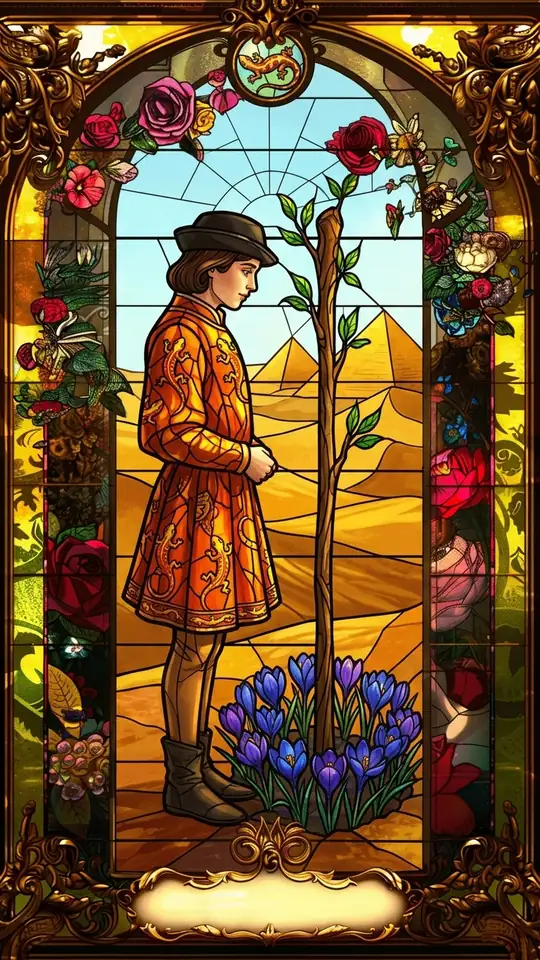 A young figure in a tunic patterned with salamanders stands in a desert landscape, gazing with interest at the top of a sprouting wand. Pyramids or dunes rise in the distance.