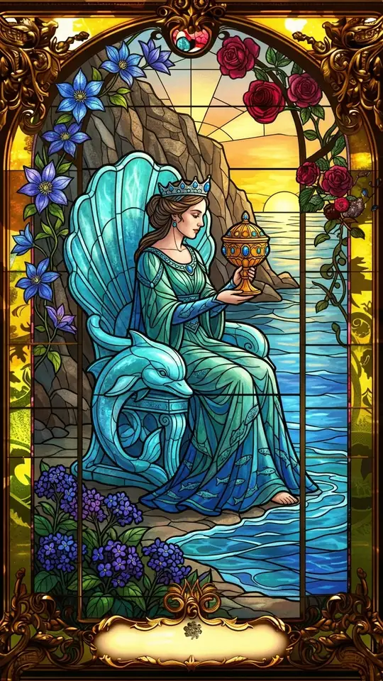 A queen sits on a throne at the edge of the sea, gazing into an ornate covered cup. Her throne is decorated with sea figures, and the water laps at her feet.