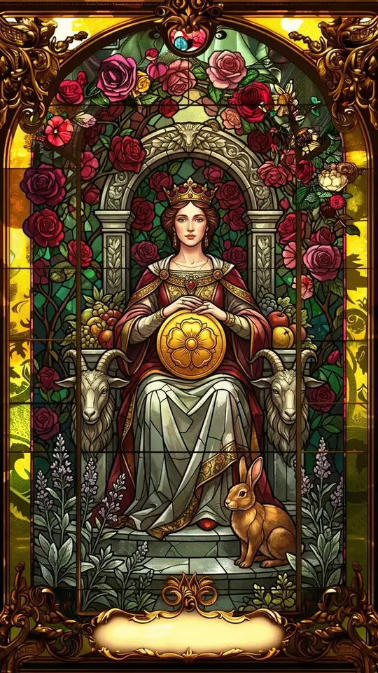 A queen sits on a throne carved with fruit and goat heads, holding a pentacle in her lap. Roses form a bower above her, and a rabbit sits at her feet.