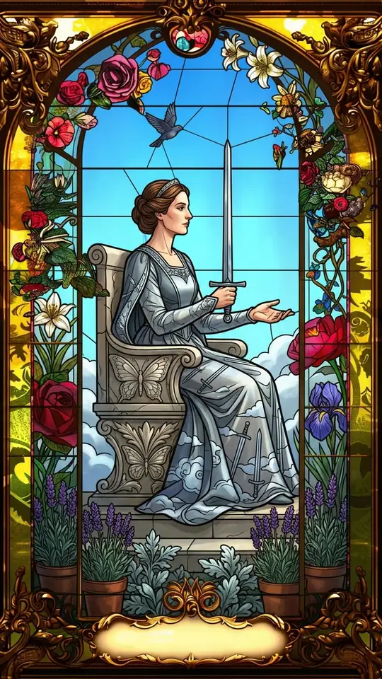 A queen sits in profile on a throne carved with butterflies, holding a sword upright in one hand and extending the other. Clouds gather below her, and a single bird flies high.