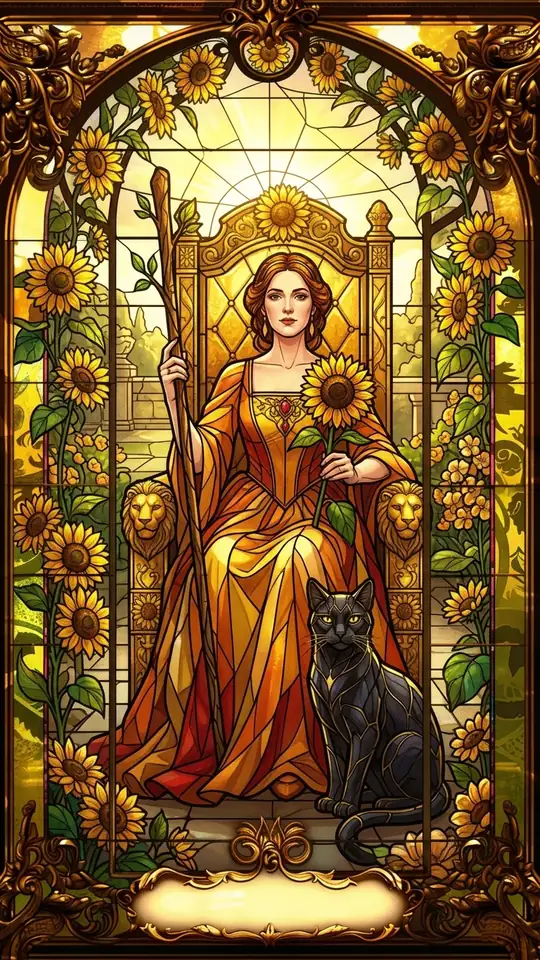 A queen sits on a throne decorated with lions and sunflowers, holding a wand in one hand and a sunflower in the other. A black cat sits at her feet.