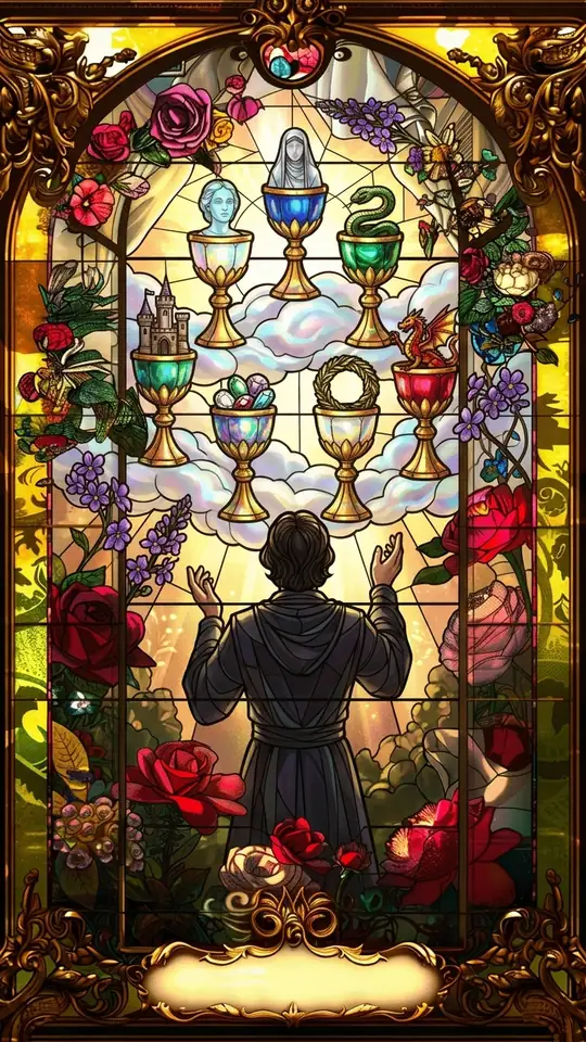 A figure seen from behind faces seven cups floating in clouds, each holding a vision: a head, a veiled figure, a serpent, a castle, jewels, a wreath and a dragon.