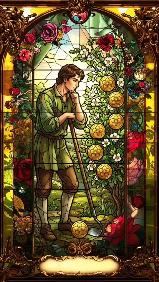 A young farmer leans on his hoe and gazes thoughtfully at seven pentacles growing on a leafy bush.
