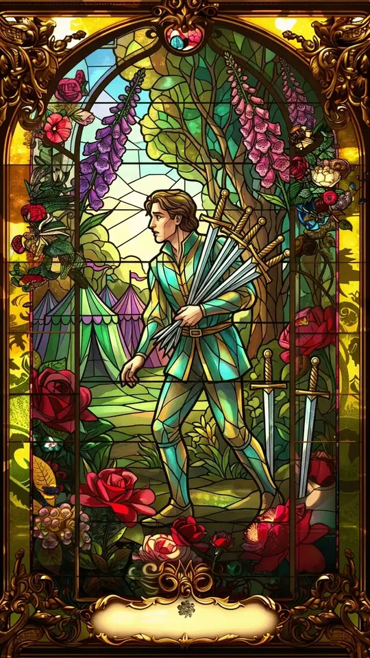 A man tiptoes away from a camp carrying five swords, glancing back over his shoulder. Two swords remain planted behind him.