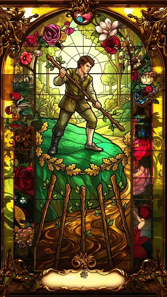 A young man on higher ground holds a wand defensively against six others rising from below. He wears mismatched shoes, hinting that he has had to act quickly.