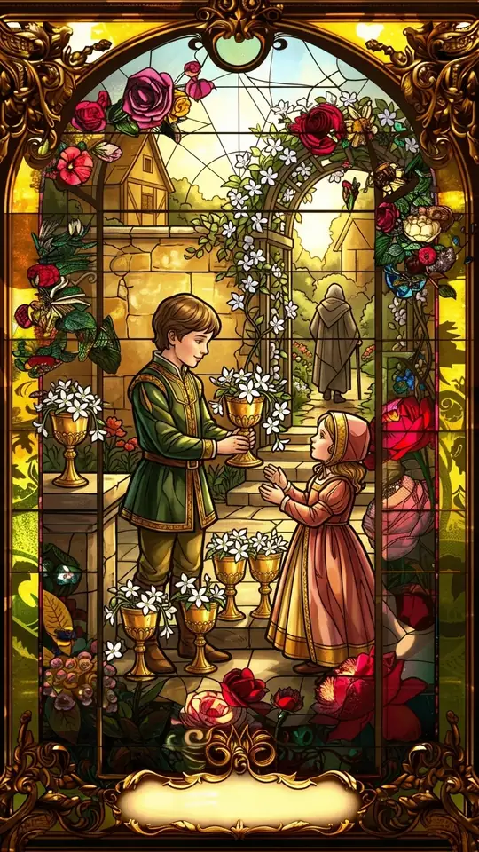 In an old village courtyard, a child offers another a cup filled with white star-shaped flowers. More flower-filled cups stand around them, and an older figure walks away in the background.
