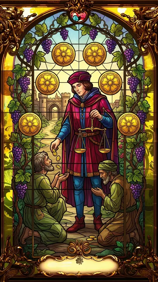 A merchant holding balanced scales gives coins to two kneeling figures. Six pentacles float around the scene.