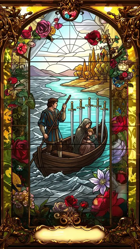 A ferryman poles a small boat across the water, carrying a woman and child huddled together, with six swords standing upright in the boat. The water is rough on one side and smooth ahead.