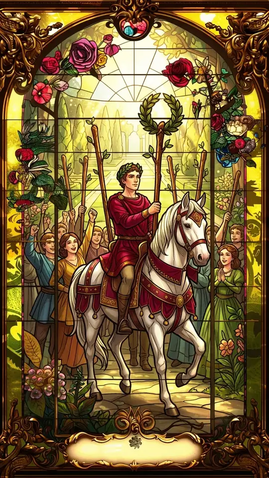 A rider crowned with a laurel wreath sits on a white horse, holding a wand that also bears a wreath. People on foot walk alongside, raising their own wands in acclaim.