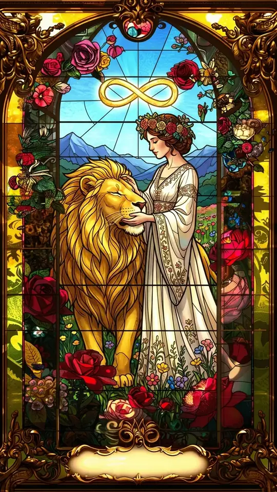 A woman in white, crowned with flowers and with an infinity sign above her head, gently closes the jaws of a lion. A garland of roses links her waist and the lion. Behind them stretch a blue mountain and a yellow sky.