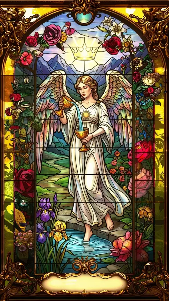 A winged angel in white stands with one foot on land and one in a pool, pouring water between two cups. A triangle within a square marks the robe, irises grow by the water, and a path leads toward a distant crown of light over mountains.